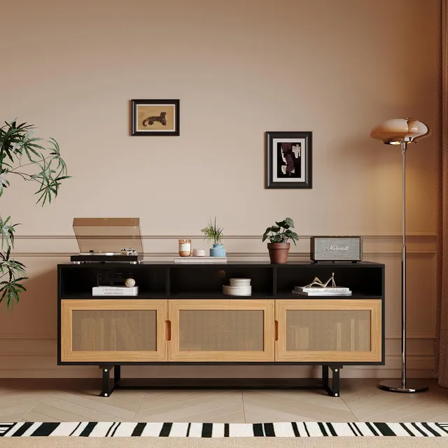 Rattan Tv Console Table With Open Shelves 3-door Sideboard
