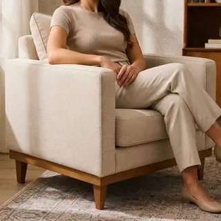 Poltrona Benny Em Linho E Base Madeira Elegância, Recepção Bege Linho