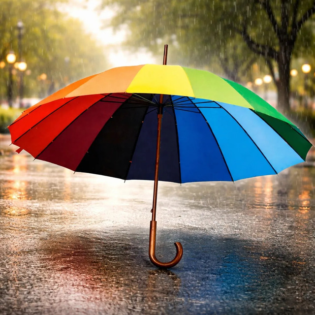 Guarda-chuva grande com estampa arco-íris, sistema automático e cabo de madeira, posicionado aberto sobre superfície molhada sob chuva.