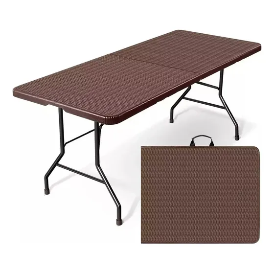Mesa Plástica Portátil Plegable HOME CO. Multiuso Símil Ratán 1.80m Reforzada Color Marrón Transportable tipo Valija Ideal Camping Jardín Patio Hall