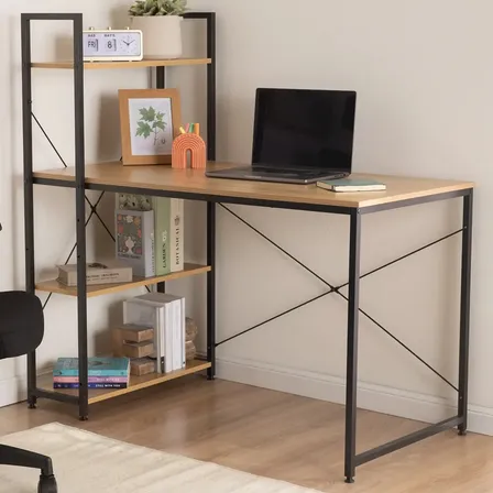 Escritorio Oficina Desk-4 para computadora estilo industrial 120cm X 122cm X 60cm color madera Café Claro y Negro