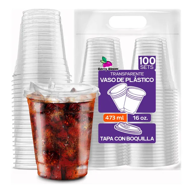 Berry Bloom 100 Vasos de Plástico de 16 oz 473 ml con Tapa con Boquilla Transparentes Resistentes Vasos Perfectos para Llevar Bebidas Frías Desechables