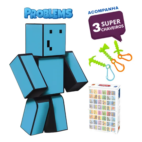 Boneco Minecraft  Problems Original Gamer 25cm + 3 Chaveiros