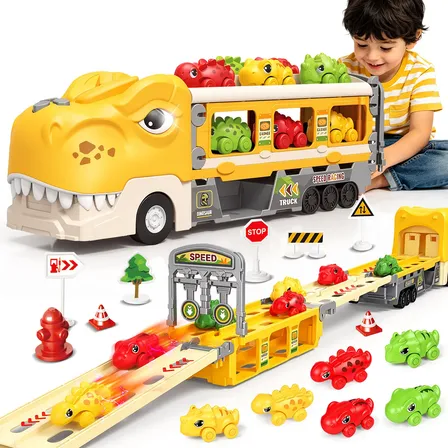 Caminhão Dinossauro Brinquedo 19 Ps Pista Carrinho Luz Som Amarelo