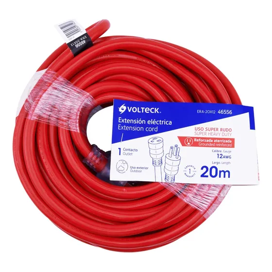 Extensión Reforzada Aterrizada 20 M 3x12 Awg, Volteck 46556 Color Rojo
