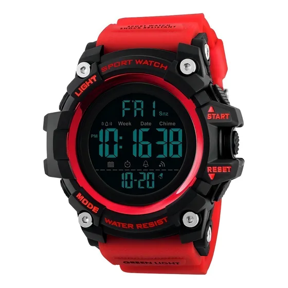 Reloj pulsera digital Skmei 1384 con correa de poliuretano color rojo - fondo negro - bisel negro/rojo
