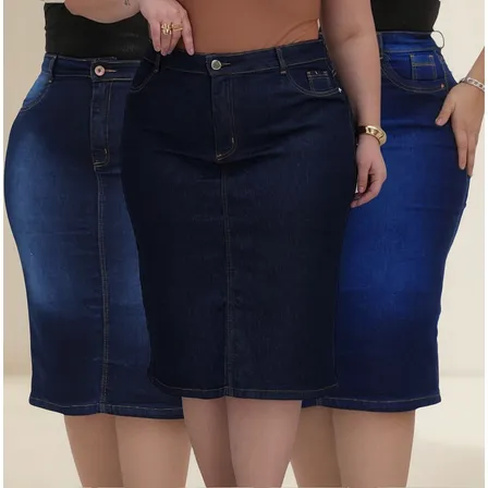 Kit 3 Saia Jeans Feminina Plus Size Maxi Alta Evangélica