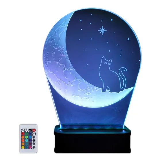 Velador Gato Con Luna 3d 16 Colores Multicolor Control 21 Cm