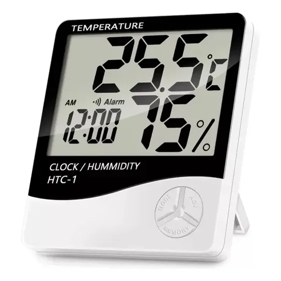 Higrómetro Digital HTC-1 Termómetro De Temperatura Y Humedad Con Reloj y Alarma Found FD105 Pantalla LCD Grande Multifunción Hogar Oficina Invernadero Laboratorio Alta Precisión Fácil Uso Montaje