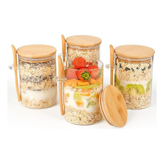 Set X 4 Frasco De Vidrio 500 Ml Tapa De Bambú + Cuchara Set X 4 Frasco De Vidrio 500 Ml Tapa De Bambú + Cuchara