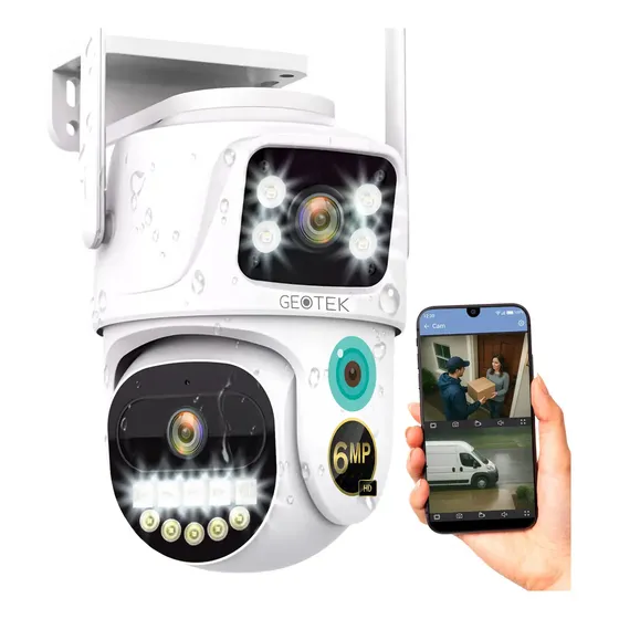 Camara Seguridad Geotek Ip Wifi Domo Doble Lente 6mp Exterior Vision Nocturna Deteccion Movimiento Color Blanco