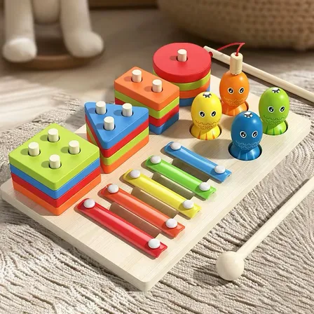 Juego Didáctico Montessori Madera 7 En 1 Pesca Xilófono Encaje Infantil