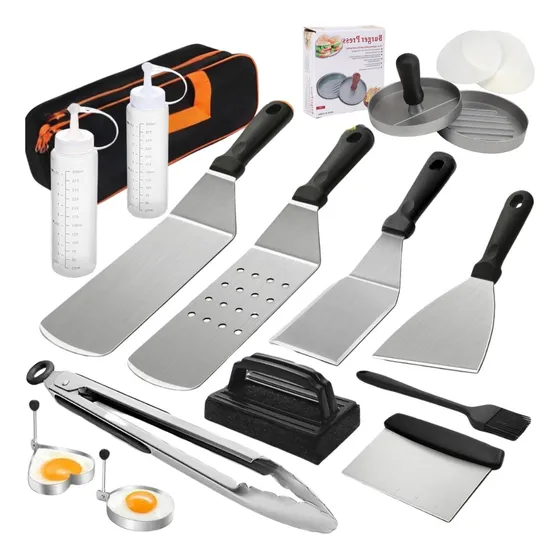 Kit Parrillero Y Plancha Utensilios Acero Inoxidable 15 Pcs