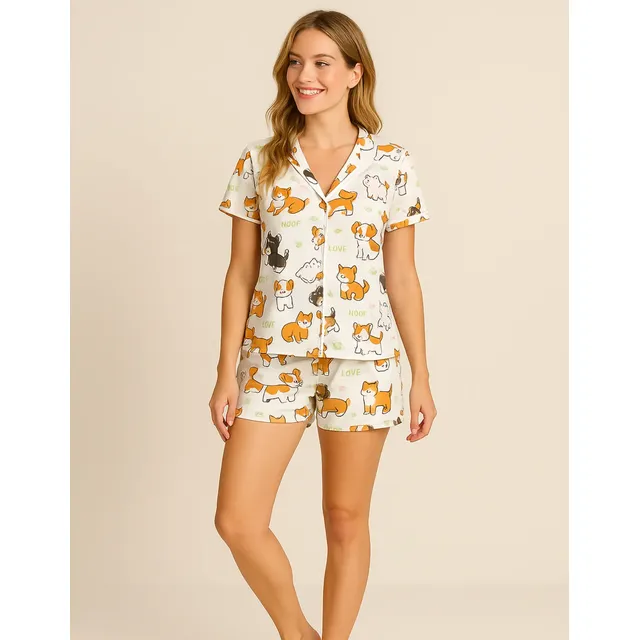 Baby Doll Pijama Feminino Estampado Americano Botões