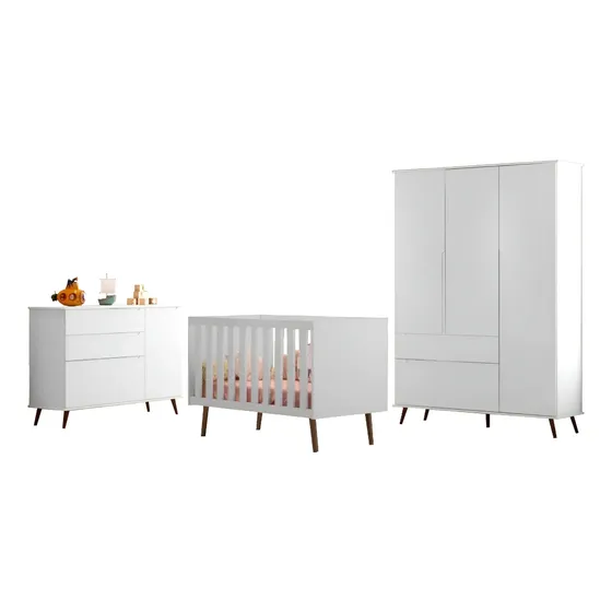 Quarto Para Bebê Completo Phoenix Baby Branco MDF Com Berço Roupeiro E Cômoda