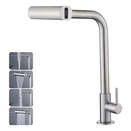Torneira Cozinha Bancada Inox 304 Água Fria Bica Alta Gourmet 4 Modos De Água Estilo Cascata Torneira Pia Cozinha Moderna, Torneira Flexivel, Torneira De Cozinha Premium Para Cuba Prateado Escovado