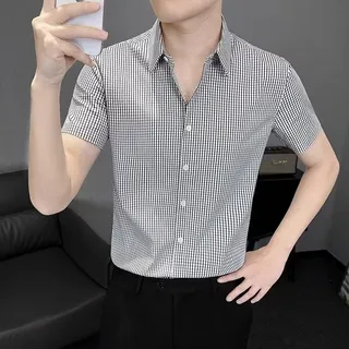 Camisa Casual De Manga Corta De Seda Helada A Cuadros Para H Camisa Casual De Manga Corta De Seda Helada A Cuadros Para H