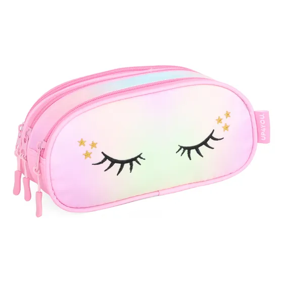 Estojo Escolar Triplo Olhinhos Cor Pastel 3divisórias Luxcel Cor Rosa Ollhinhos