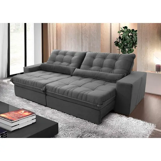 Sofá Retrátil Reclinável Zurique 2,70m Suede Velut Cinza Molas no Assento - King House