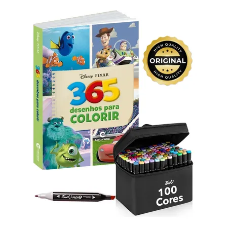 365 Desenhos Para Colorir Pixar + 100 Canetinhas Ponta Dupla