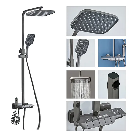 Ducha Columna Moderna 4 Funciones Llave Botones Negro Mate