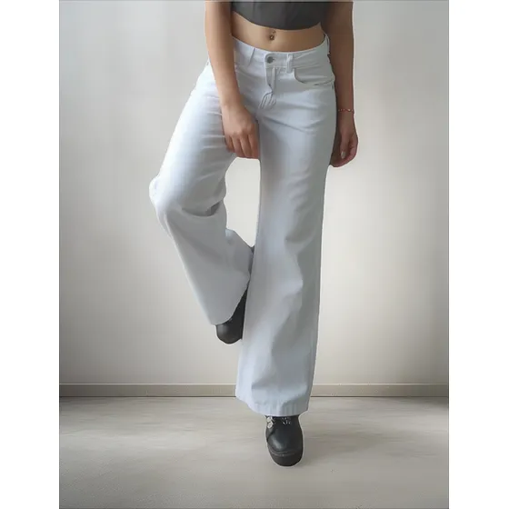 Wide Leg Blanco Rigido Tiro Medio Mujer Kinoa Denim