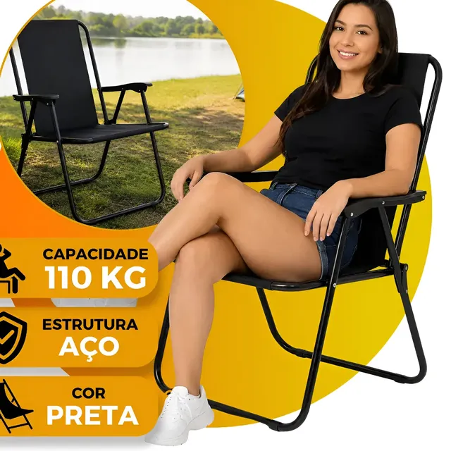 Cadeira De Praia Camping Dobrável Alta 110kg Aço Portátil Preto