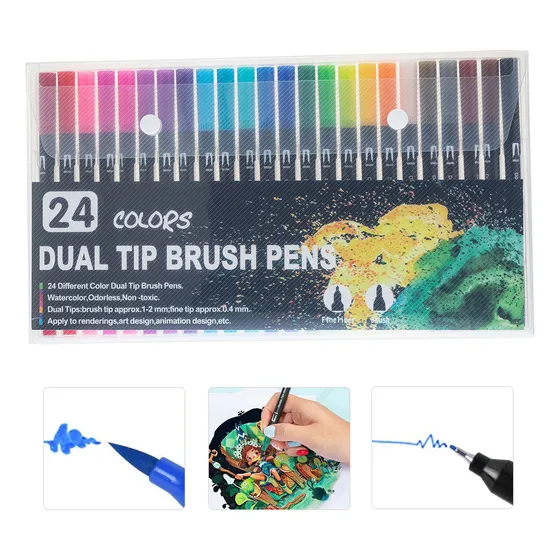 24 Cores Canetas Ponta Dupla Brush Pen Desenho Colorir Novo