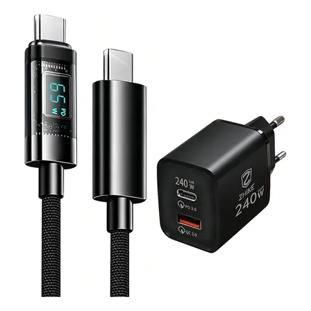 Carregador Gan 240w + Cabo Display Led Tipo C 65w Kit Zhike Preto