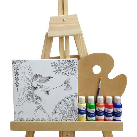Atril De Madera Con Cuadro Para Pintar + Acrilicos