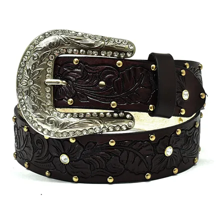 Cinto Country Em Couro Feminino Com Cravo/strass Floral
