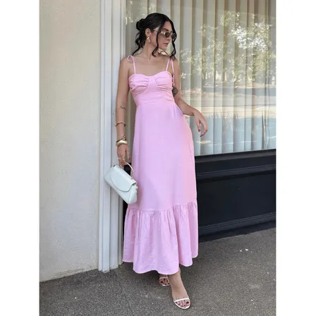 Vestido Longo Festa Elegante Tecido Fluido Premium Ajustes