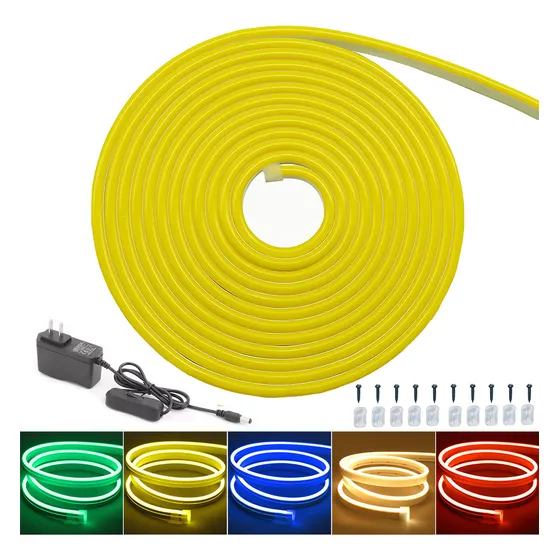 Allbewell Tira de Led Neón luz Flex Unicolor 5 Metros 12V Con Eliminador e Interruptor Ip67 Impermeable Cortable 120 LED Por Metro Luces Decoracion De Neon Clips y Tornillos Gratis Color Luz Amarillo