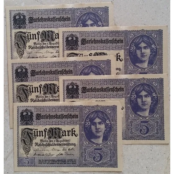Billetes Mundiales Alemania 5 Marcos 1917 Imperio Aleman Lot