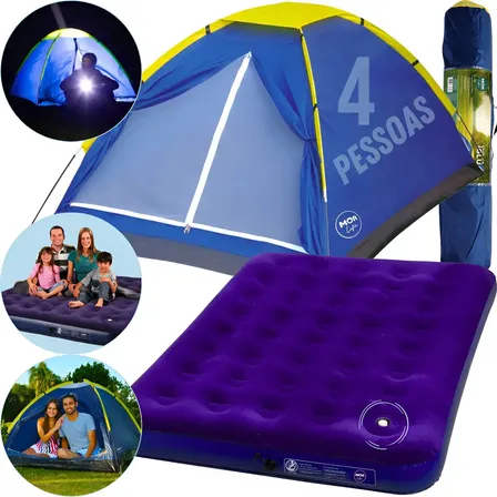 Kit Barraca Camping 4 Pessoas Iglu + Colchão Inflável Casal Azul