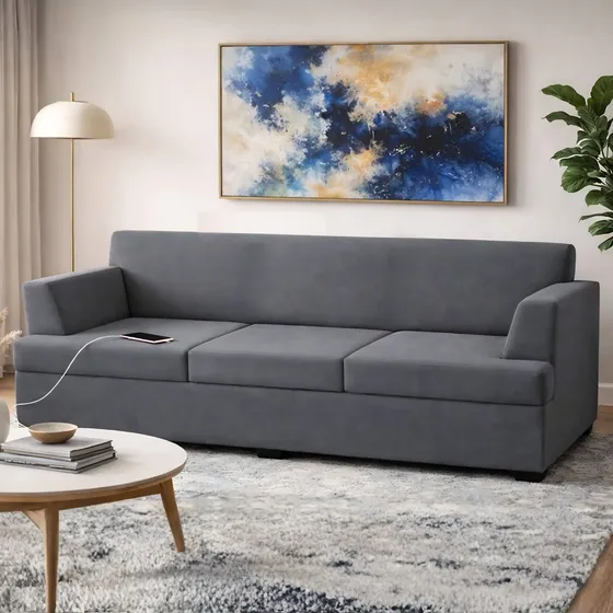 Sillón 3 Cuerpos Lino Antimanchas Living Box Con Usb En Caja
