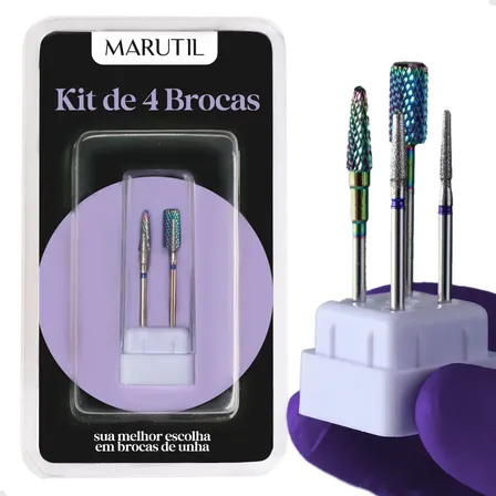 Kit 4 Brocas De Unha Tungstênio Cônica E Diamantada 718 720, Remoção De Fibra De Vidro E Gel Lixa De Unha - Marca Marutil Furta-cor
