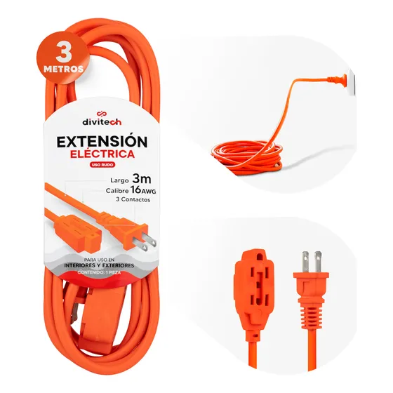 Extensión Eléctrica Uso Rudo Divitech 3m Multicontacto Cobre