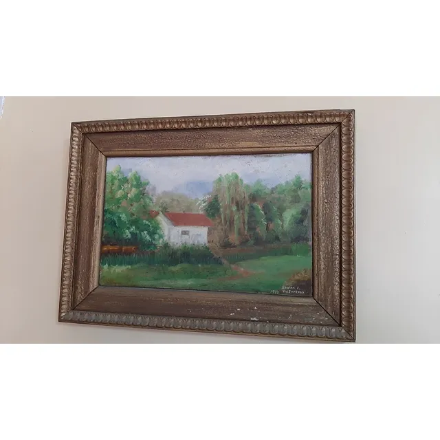 Cuadro Pintura Oleo Sobre Madera Paisaje De Campo Firmado