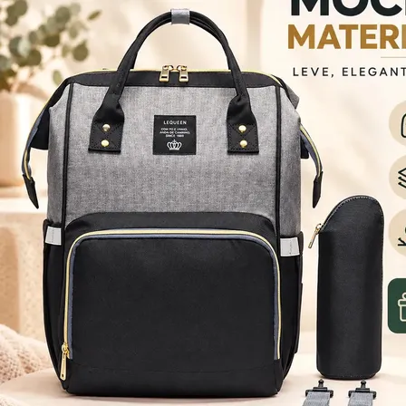 Mochila Bolsa Maternidade Lequeen Preto/Cinza Bebê Luxo Reforçada Acessórios Capacidade de 17L com 14 bolsos organizados