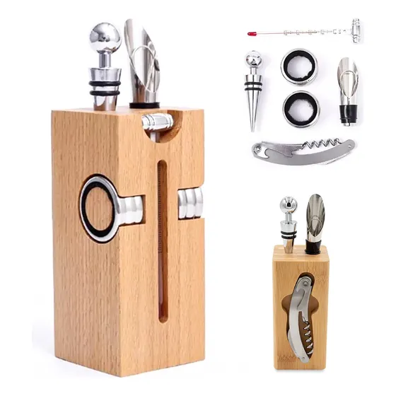 Kit Descorchador De Vino Sacacorchos 7 En 1 Metálico Madera Lujo Con Accesorios