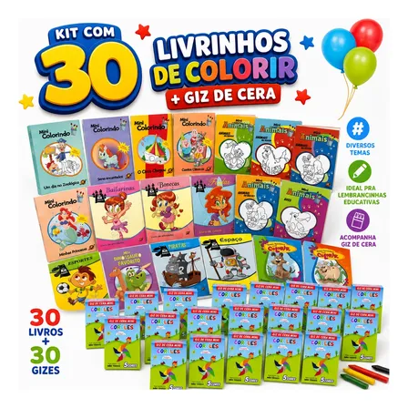 Kit 30 Livros De Colorir Infantil + Giz Lembrancinha Festa