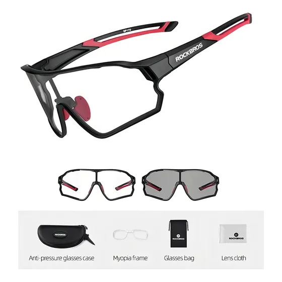 Gafas de ciclismo Rockbros con lente fotocromática y montura con clip, color negro/rojo, lente fotocromática