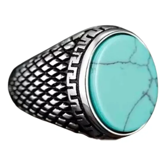 Anel Masculino Pedra Azul Turquesa Natural Tribal Aço Inox — foto 2