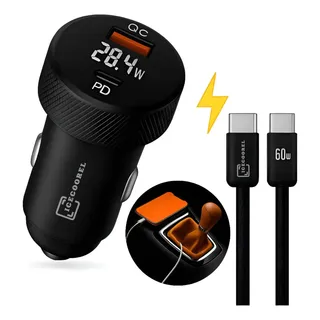 Kit Carregador Veicular Turbo 60w Usb-c Automotivo Carro Usb iPhone Android Tomada Carro Voltímetro Display Led Cinzeiro Extensao Saídas Preto Ice Coorel