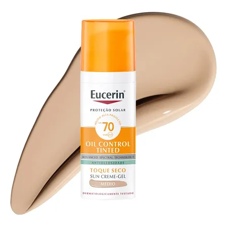 EUCERIN Protetor Solar Facial Oil Control Cor Média FPS 70 50ml, Antioleosidade, Proteção UVA, UVB e Luz Visível, Pele Oleosa