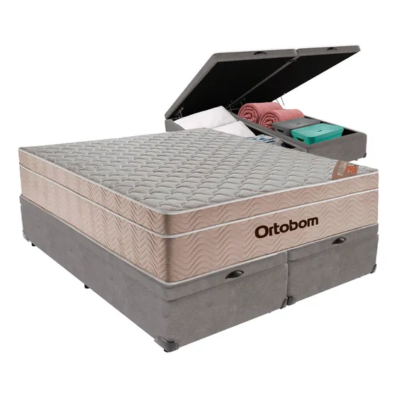 Cama Box Baú E Colchão Airtech Molas Ensacadas Queen Ortobom Cor Cinza