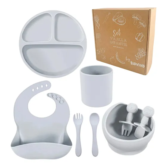 Set Alimentación Bebé 100%silicona Bpa Free+packaging Color Gris Pastel
