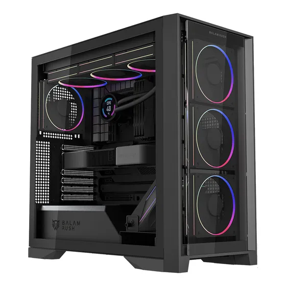 Gabinete Gamer BALAM RUSH CARBONO POLAR TWIN MATE 9900 ATX 5 Fan ARGB Cristal Templado Frente Intercambiable USB-C Negro BR-941457