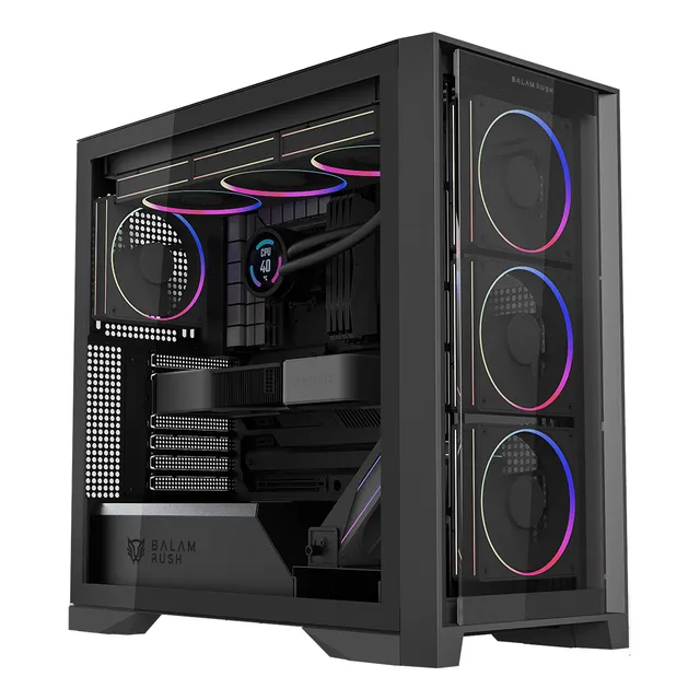 Gabinete Gamer BALAM RUSH CARBONO POLAR TWIN MATE 9900 ATX 5 Fan ARGB Cristal Templado Frente Intercambiable USB-C Negro BR-941457